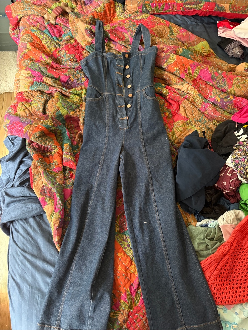 High-Rise Dark Blue Denim Overalls with Front Button Detail